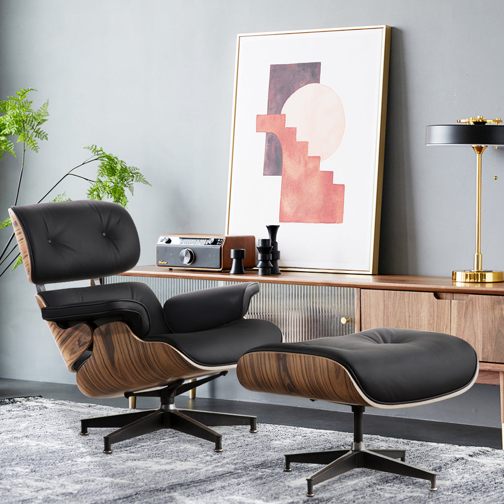 Black Tufted Leather Swivel Lounge Chair with Ottoman V387