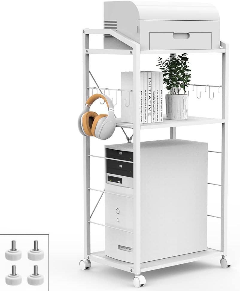 White 3-Tier Mobile Printer Stand Utility Cart Wooden Adjustable Shelf with 8 Hooks S41562