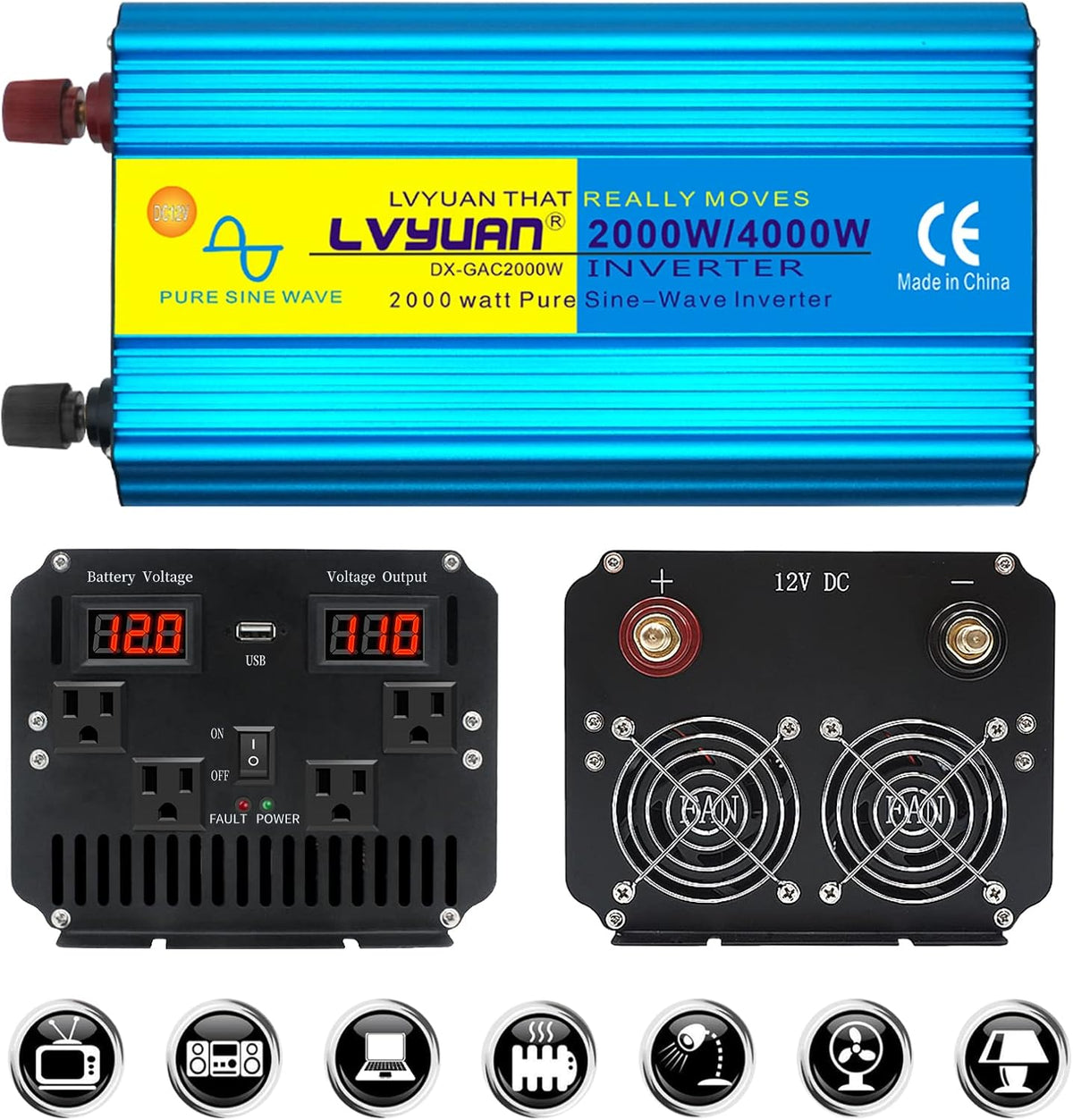 1000W Pure Sine Wave Car Power Inverter DC 12V to 110V AC with Dual AC Outlets and Dual USB Charging Ports X542609