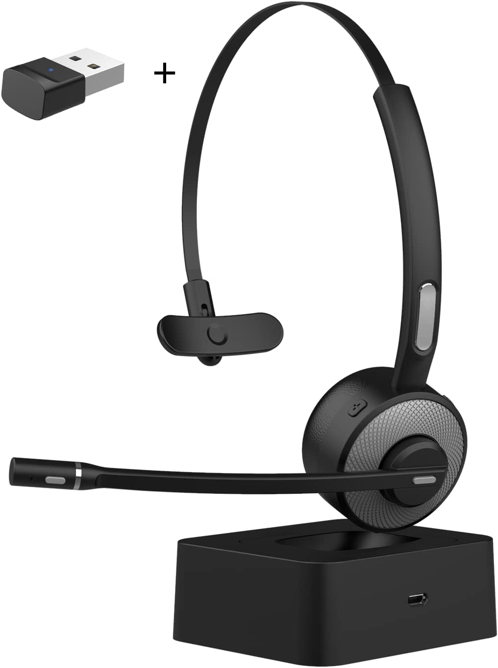 Bluetooth Headset with USB Dongle, Single-Ear Wireless Headset with Noise Cancelling Microphone Charging Base, Pack of 2 Q16573