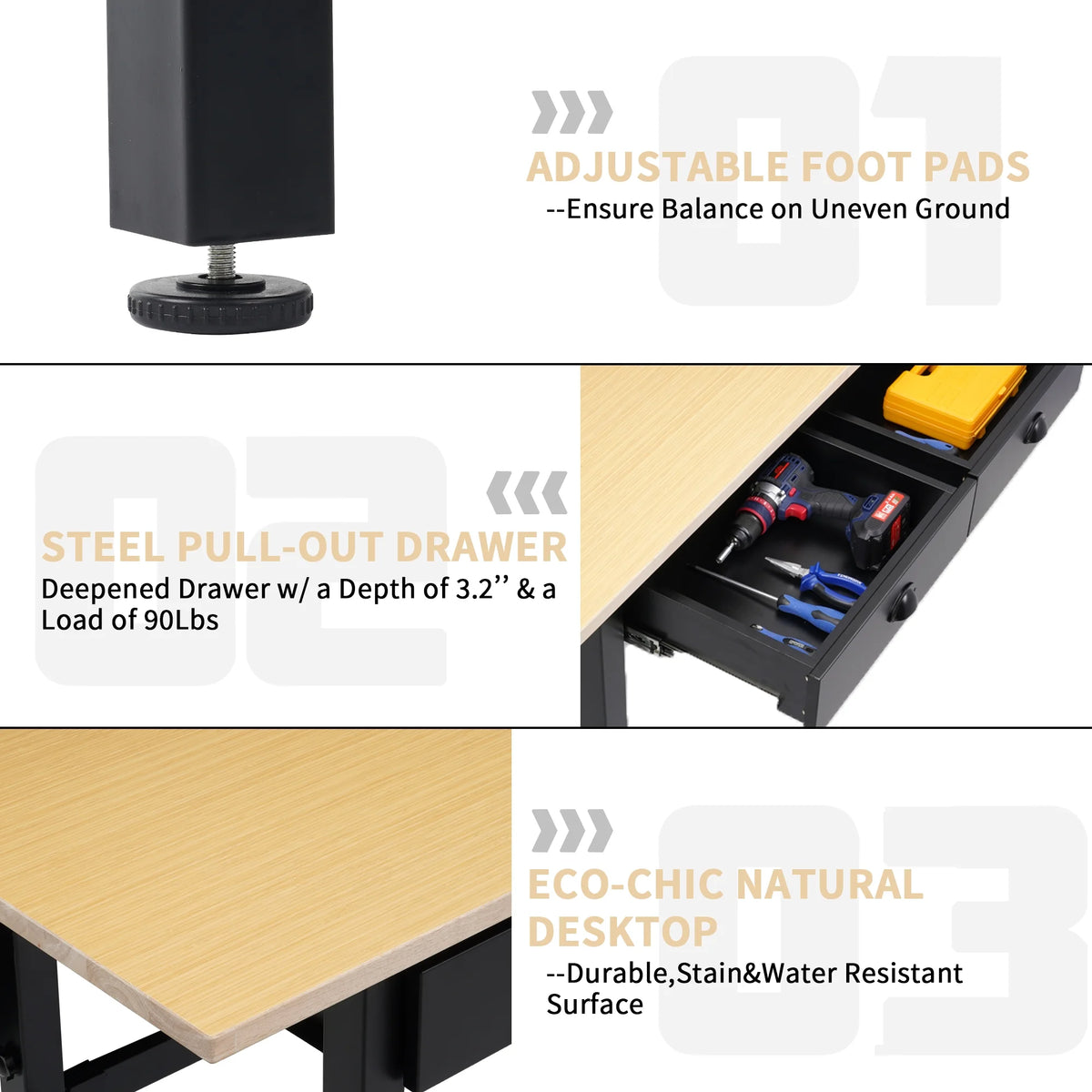 55'' Adjustable Work Bench with Power Outlets and Drawers P306