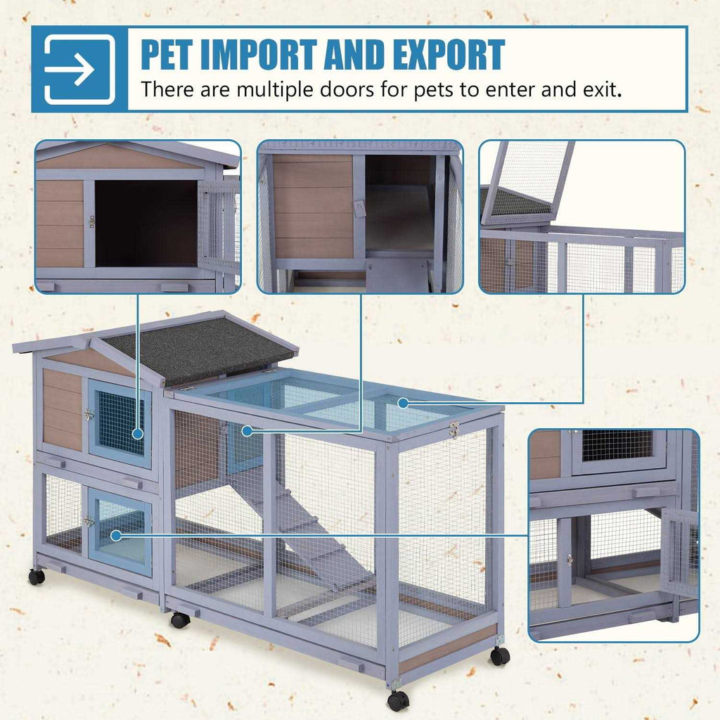 Wood Rabbit Hutch with Wheels & Waterproof Roof R745