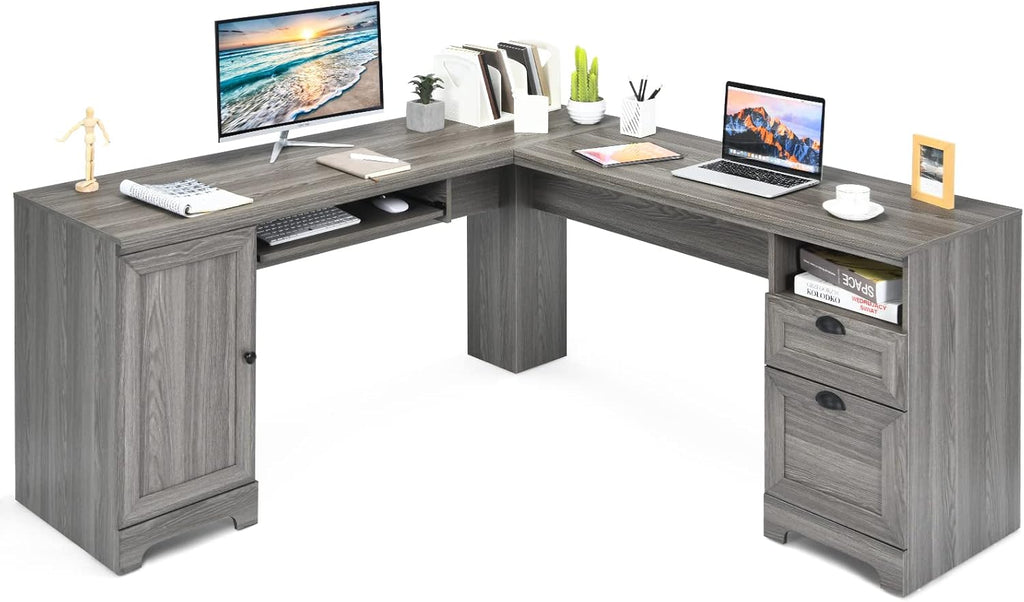 66 L-Shaped Desk with Drawers Keyboard Tray and Storage Cabinet M758