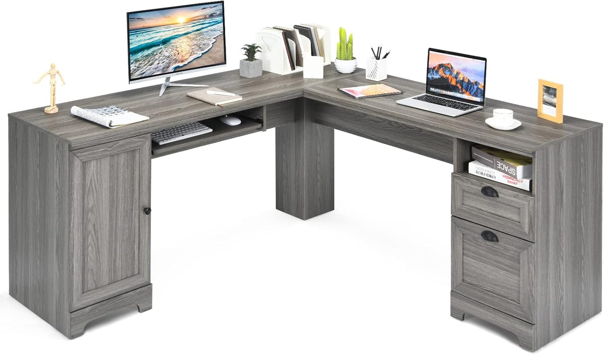 66 L-Shaped Desk with Drawers Keyboard Tray and Storage Cabinet M758