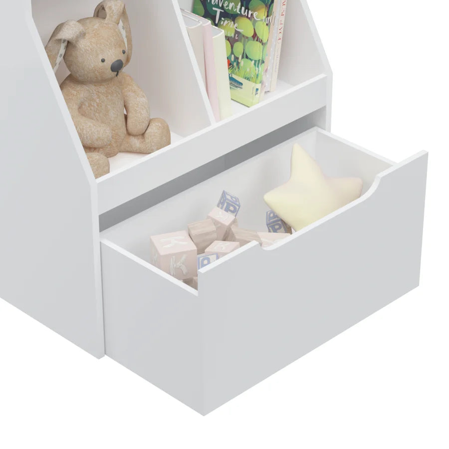 White Wooden Kids Bookcase with Toy Box on Wheels E127763