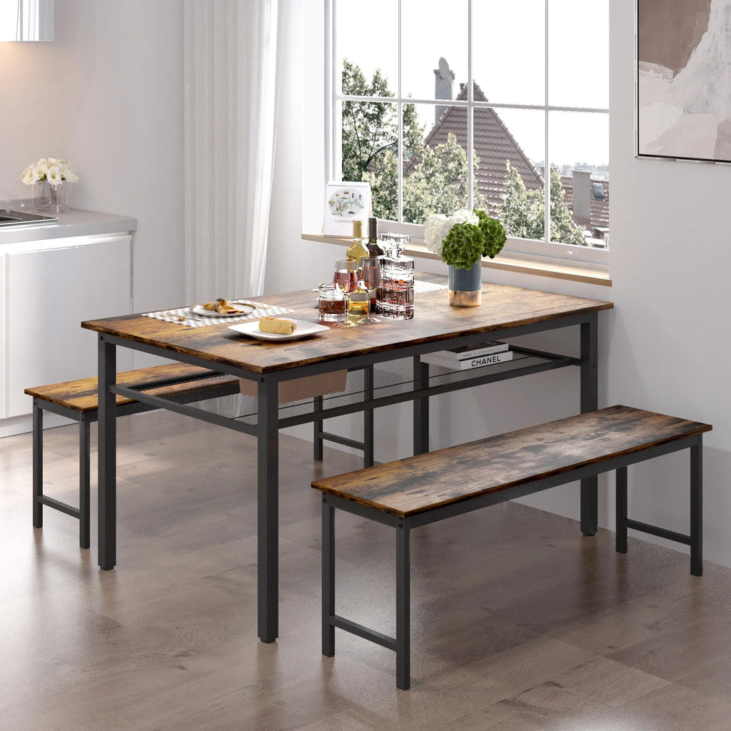 3-Piece 43 Inch Farmhouse Dining Table Set with 2 Benches I98317