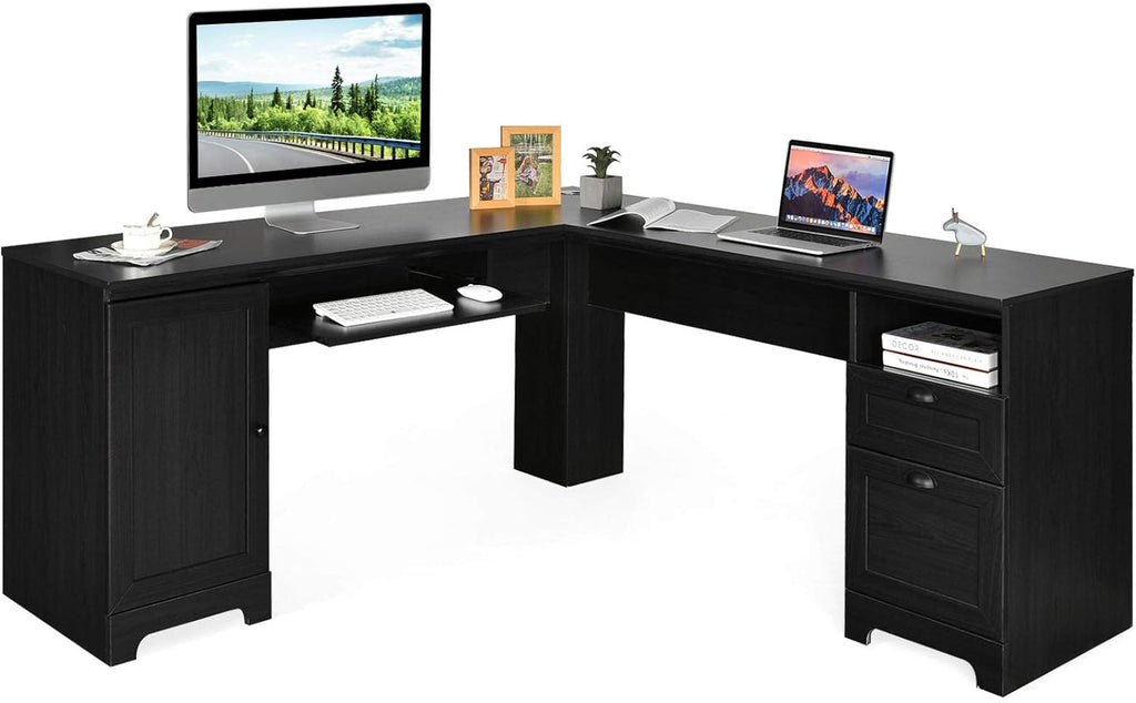66 L-Shaped Desk with Drawers Keyboard Tray and Storage Cabinet M758