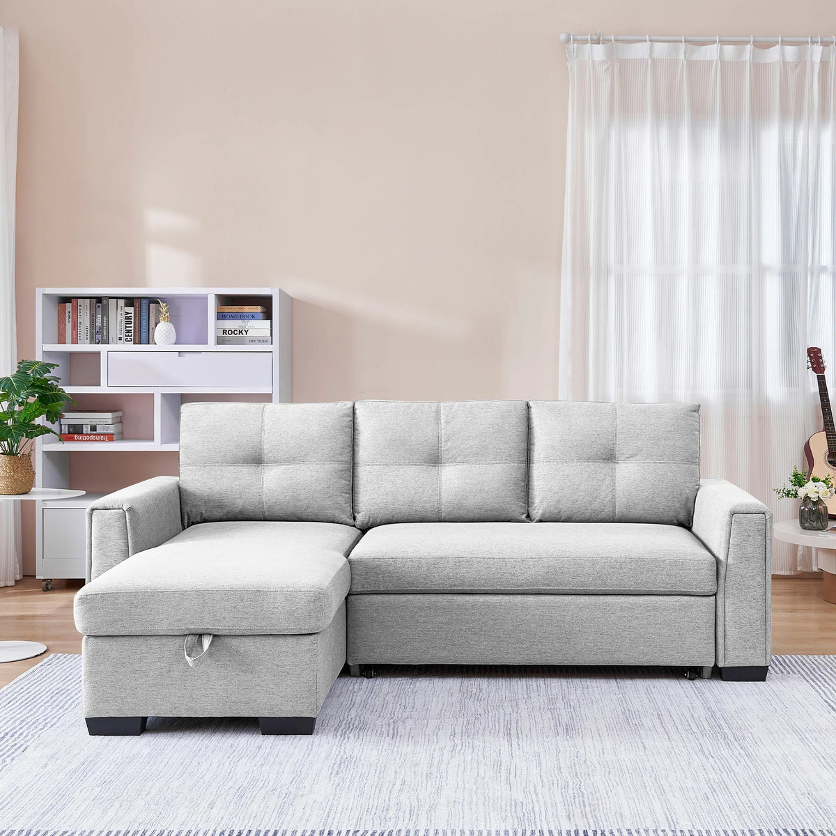 Light Grey L-Shape Pull-Out Sleeper Sectional Sofa X608