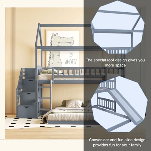 Twin Over Full Bunk Bed with Stairs and Slide, Gray A446