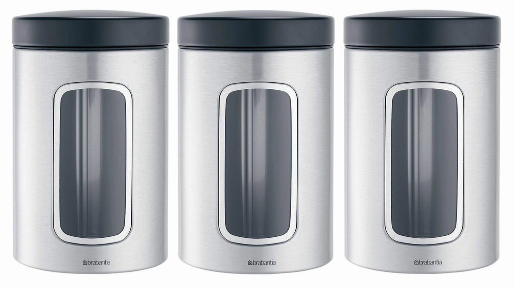 3-Piece Window Canister Set, 1.4-Liter, Matte Steel with Black Lid V762