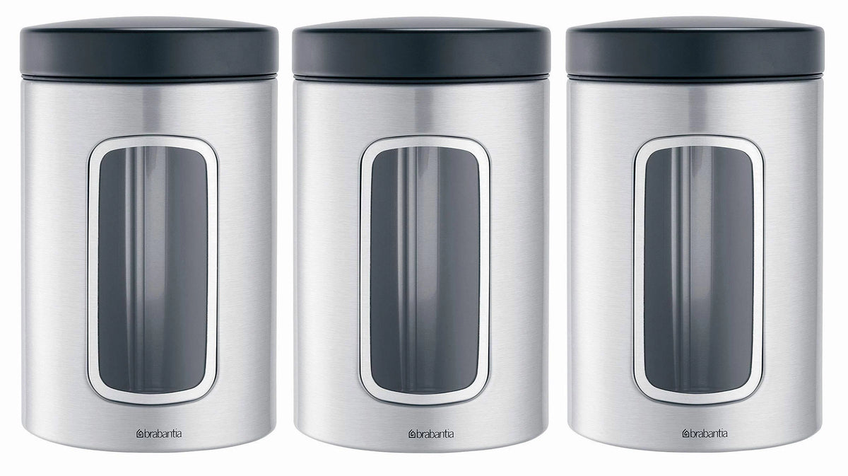 3-Piece Window Canister Set, 1.4-Liter, Matte Steel with Black Lid V762