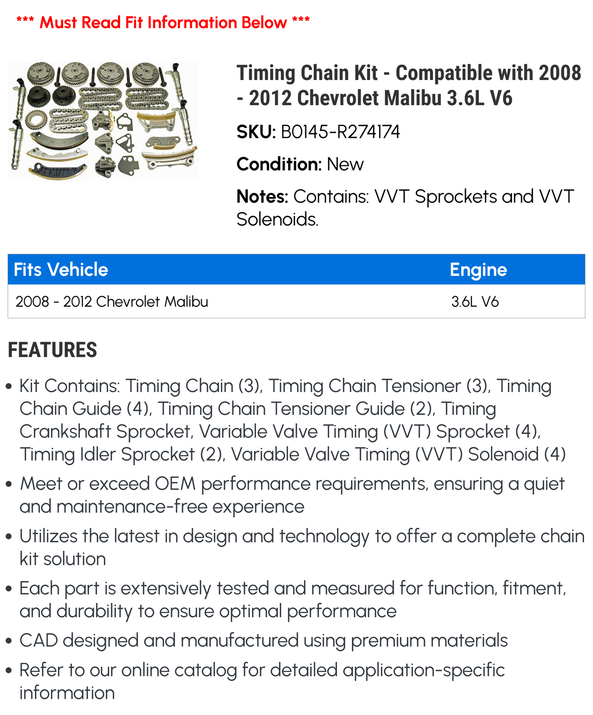 Timing Chain Kit for 2008-2012 Chevy Malibu 3.6L V6 N62823