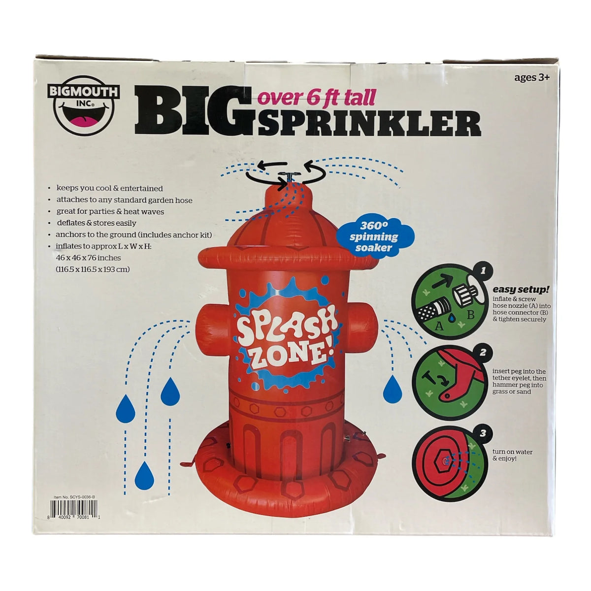 Giant Inflatable Fire Hydrant Sprinkler, 76" Tall, Red O542574